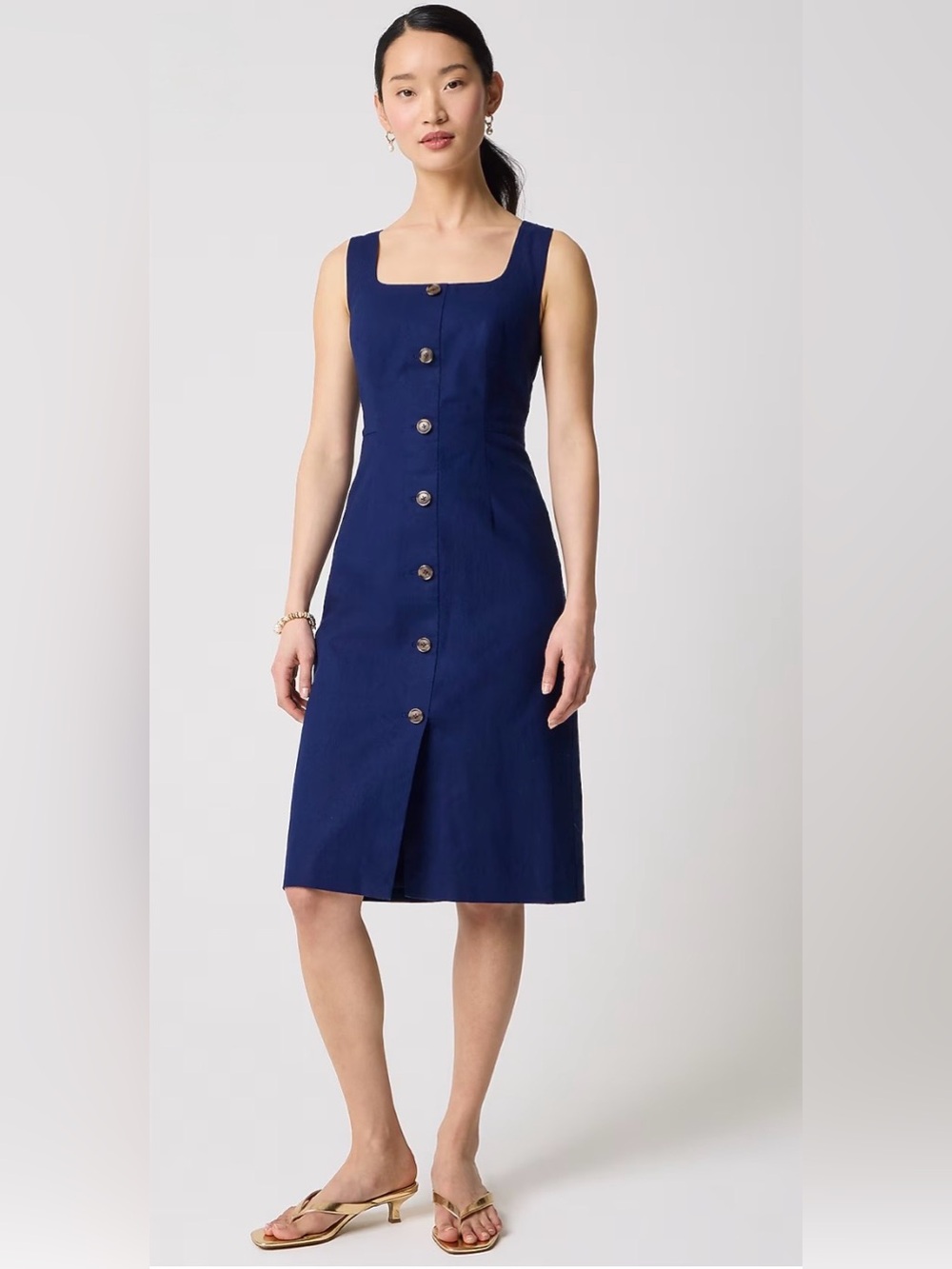 NEW J. Crew Linen-cotton blend button-front midi dress antique navy CU686 14